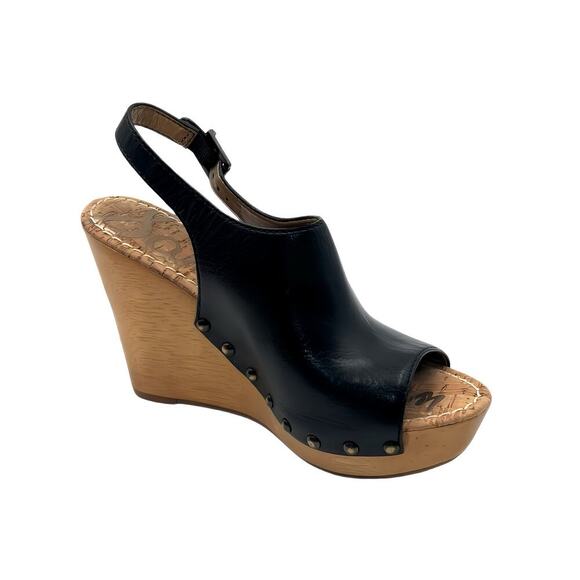 SAM EDELMAN Camilla Black Leather Studded Slingback  Wood Wedge Platform Sz 10 - Picture 1 of 10